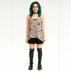 Tan Sheer Black Stars Sleeveless Cami Blouse L Tank Indie Sleaze Cyber Grunge